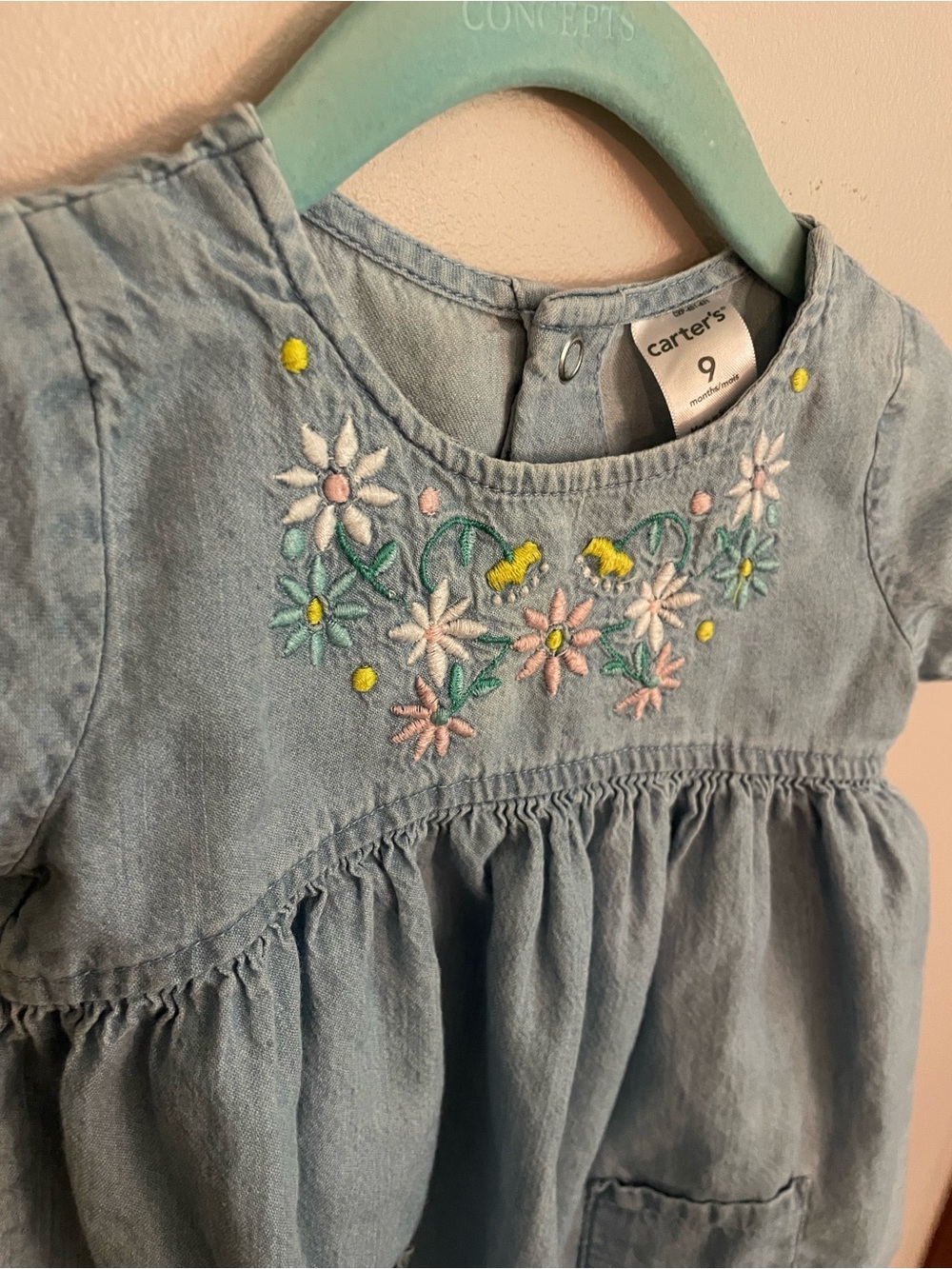 100% Cotton Denim-Look Dress with Floral Embroidery & Diaper Cover/Bloomers